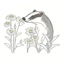 A badger sniffs a chamomile flowers surrounded tattoo design idea