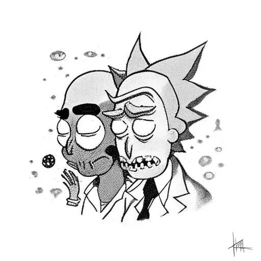 A black-grey tattoo of Rick and Morty encountering strange alien creatures tattoo design idea