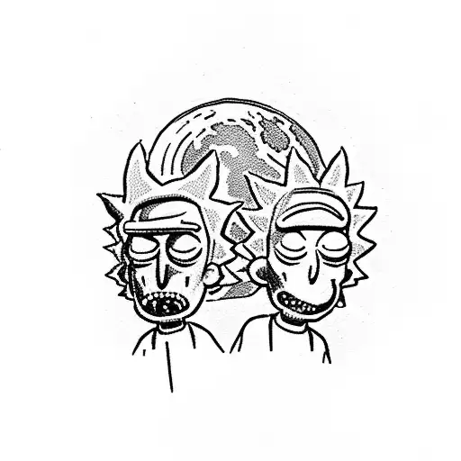 A dotwork portrait of Rick and Morty in a psychedelic space setting tattoo design idea