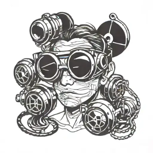Swimming goggles and film reel intertwined with anime characters tattoo design idea