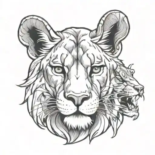 head of a puma combined with the head of a lion and another head of a ram, these two smaller tattoo design idea