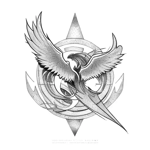 phoenix in a storm with sea waves anchor and wind rose tattoo design idea