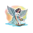 an angel holing a bible tattoo design idea