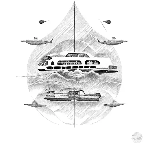 plane ferry boat and bus connected by a line travel  tattoo design idea