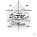 plane ferry boat and bus connected by a line travel  tattoo design idea