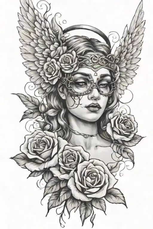 A girl angel with a blindfold and roses around her eyes tattoo design idea
