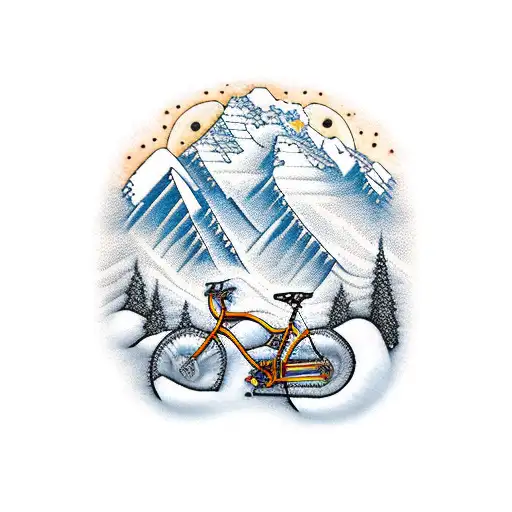 A bicycle made of guitar parts with snow-capped mountains in the distance tattoo design idea