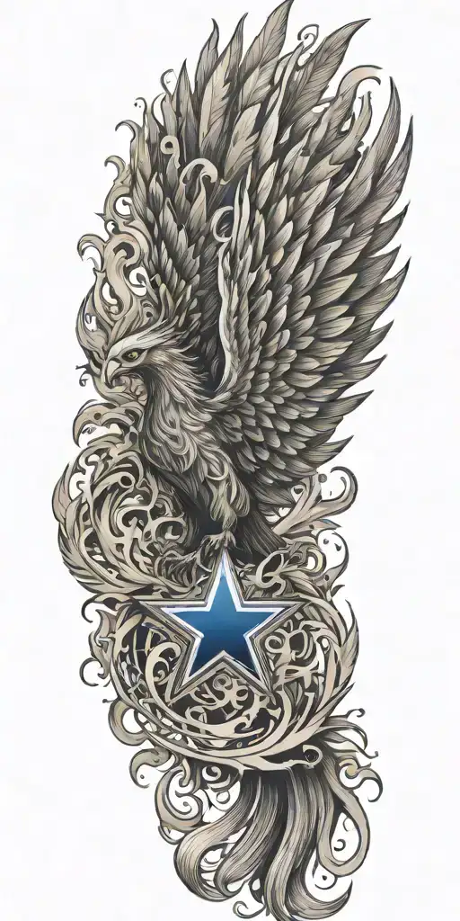 A phoenix rising from the ashes, representing resilience and rebirth, with elements of the Dallas Cowboys logo incorporated into the design tattoo design idea