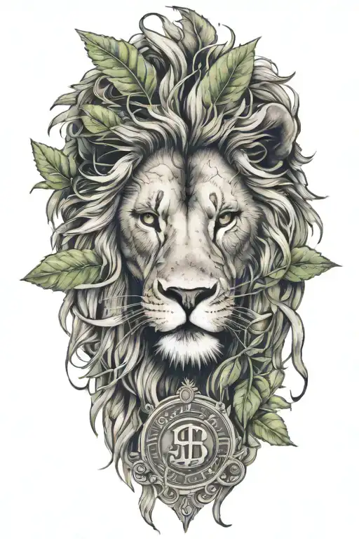 An intricate tattoo of a lion's head with a money symbol in its eyes and weed leaves as the mane tattoo design idea