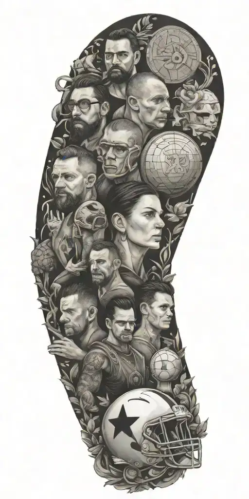 A family portrait with each member represented as a different sport player, surrounded by symbols of faith and God tattoo design idea