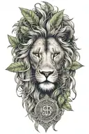 An intricate tattoo of a lion's head with a money symbol in its eyes and weed leaves as the mane tattoo design idea