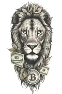 An intricate tattoo of a lion's head with a money symbol in its eyes and weed leaves as the mane tattoo design idea