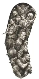 A family portrait with each member represented as a different sport player, surrounded by symbols of faith and God tattoo design idea