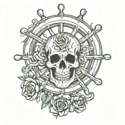 skull rose ship steering wheel tattoo design idea