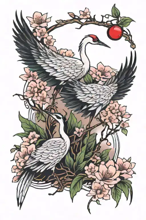 Two cranes with cherry bloosm background tattoo design idea