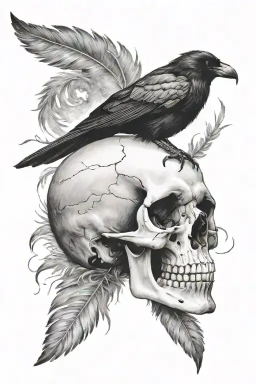 crow on a skull with one foot inside eye socket with feathers falling down  tattoo design idea
