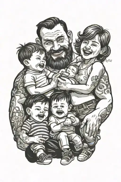 a happy family of four, consisting of a muscular dad, chubby mom, chubby eldest son and cute litle son with one black ad tattoo design idea