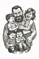 a happy family of four, consisting of a muscular dad, chubby mom, chubby eldest son and cute litle son with one black ad tattoo design idea