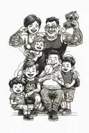a happy family of four, consisting of a muscular dad, chubby mom, chubby eldest son and cute litle son with one black ad tattoo design idea