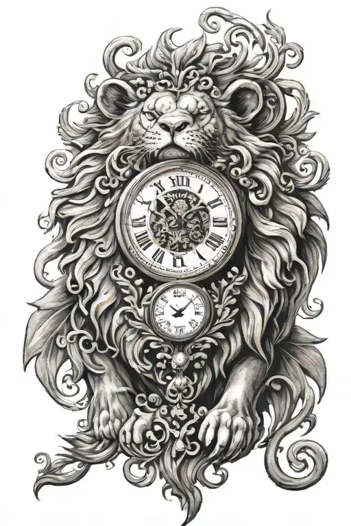 clock with filigree and a lion tattoo design idea