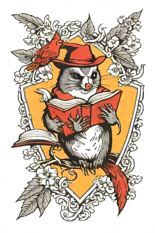 possum and cardinal bird reading book tattoo design idea