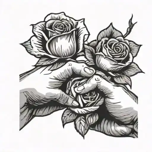 Two hands making a Pinky promise with two roses in the background. One rose being red and the other rose being rainbow tattoo design idea