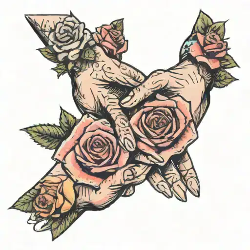 Two hands making a Pinky promise with two roses in the background. One rose being red and the other rose being rainbow tattoo design idea
