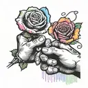 Two hands making a Pinky promise with two roses in the background. One rose being red and the other rose being rainbow tattoo design idea