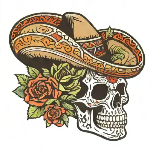 mexican skull with sombrero de vaquero and cactus tattoo design idea