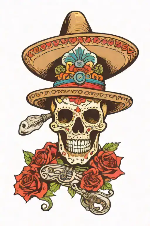 mexican skull with sombrero de vaquero tattoo design idea