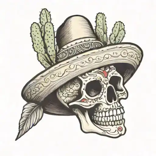 Mexican skull dia lüttes with sombrero and cactus on the side tattoo design idea