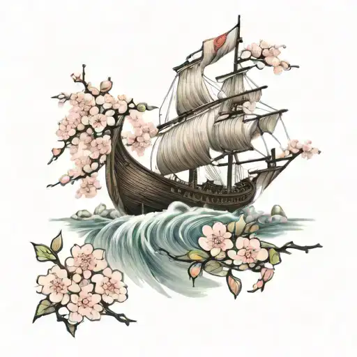 A Viking longship sailing through a Japanese cherry blossom garden tattoo design idea