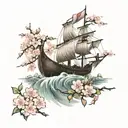 A Viking longship sailing through a Japanese cherry blossom garden tattoo design idea