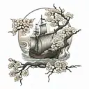 A Viking longship sailing through a Japanese cherry blossom garden tattoo design idea