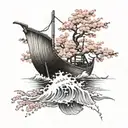 A Viking longship sailing through a Japanese cherry blossom garden tattoo design idea