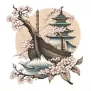 A Viking longship sailing through a Japanese cherry blossom garden tattoo design idea