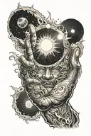 crying sun with outstretched fist soaring through the universe tattoo design idea