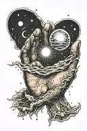 crying sun with outstretched fist soaring through the universe tattoo design idea