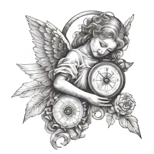 An angel holding a compass with roman numerals indicating directions galaxy tattoo design idea