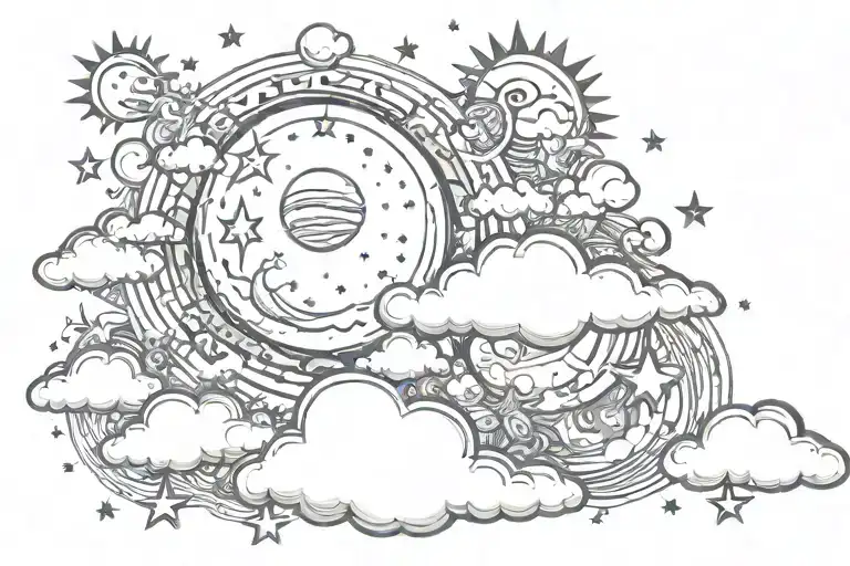 sun moon stars and clouds tattoo design idea