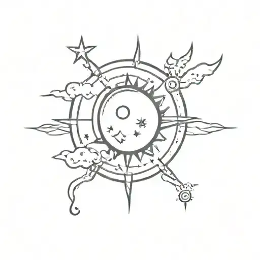 sun moon stars and clouds tattoo design idea