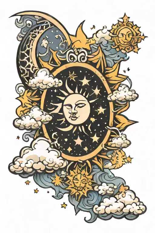 sun moon stars and clouds tattoo design idea