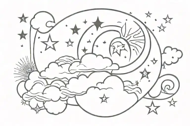 sun moon stars and clouds tattoo design idea