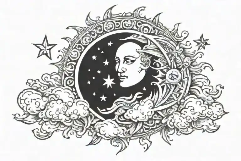 sun moon stars and clouds tattoo design idea