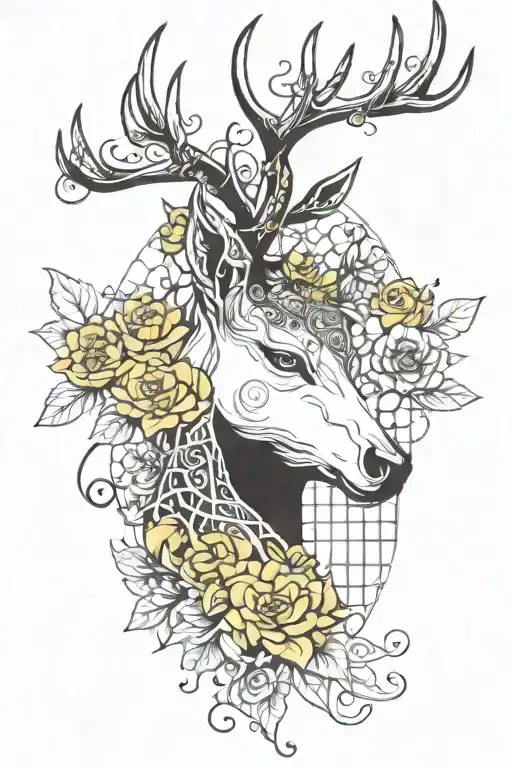 Yellow flower, with long tentacles forming a cage, covering a deer with white fur, bright eyes and horns tattoo design idea