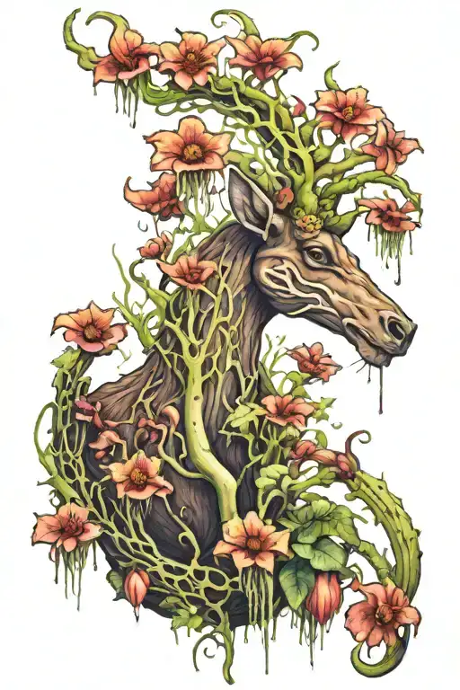 Carnivorous plant, giant with long tentacles covering on top a deer with white fur, glowing eyes and horns tattoo design idea