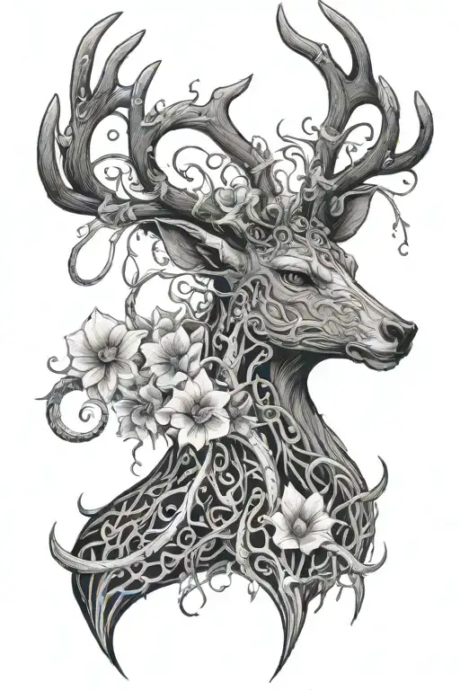 Carnivorous plant, giant with long tentacles covering on top a deer with white fur, glowing eyes and horns tattoo design idea