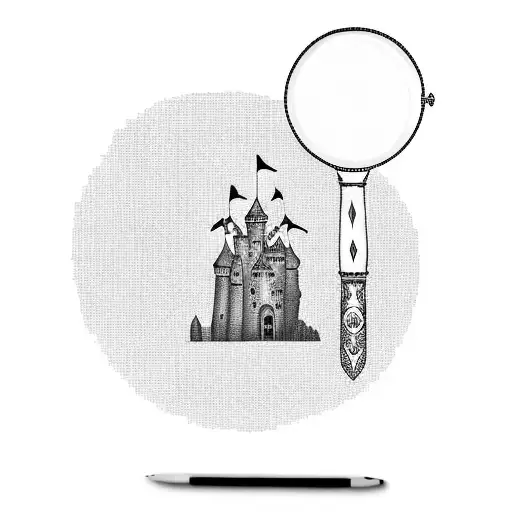 castle outline in round magnifying glass tattoo design idea
