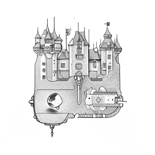 castle outline in magnifying glass tattoo design idea