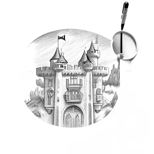 castle outline in magnifying glass tattoo design idea